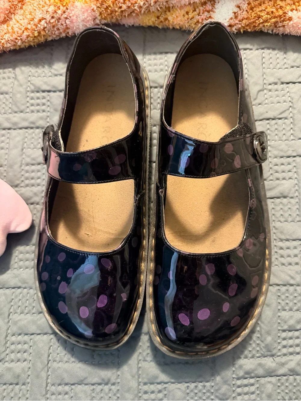 Kids Mary Jane Shoes in Black with Purple Polka Dots